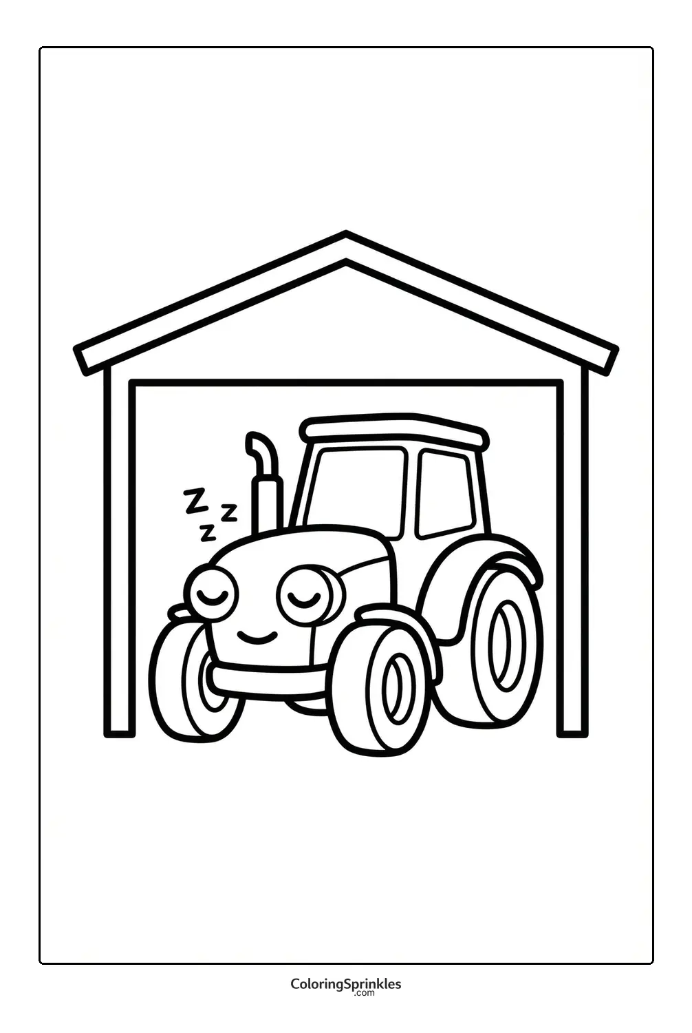 Coloring page of a sleeping tractor in a barn