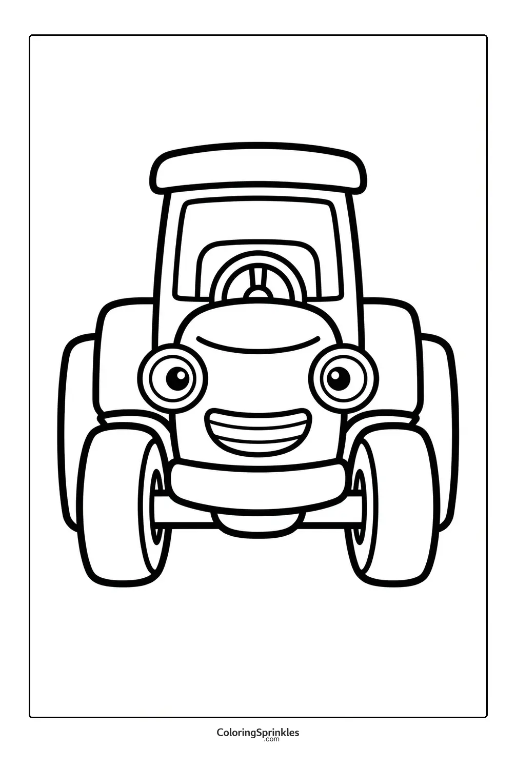Coloring page of a smiling tractor front view