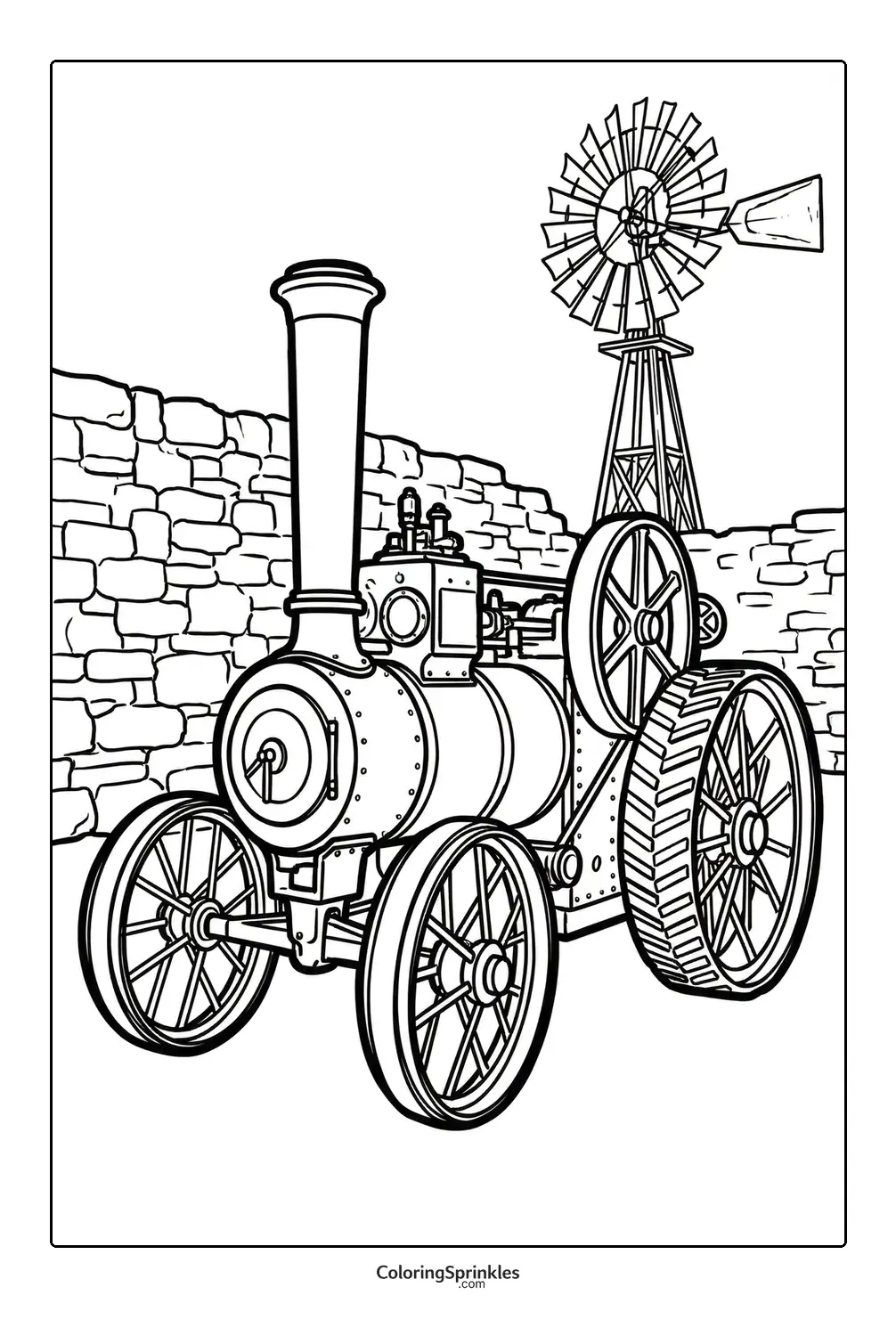 Coloring page of a vintage steam tractor near a windmill and stone wall