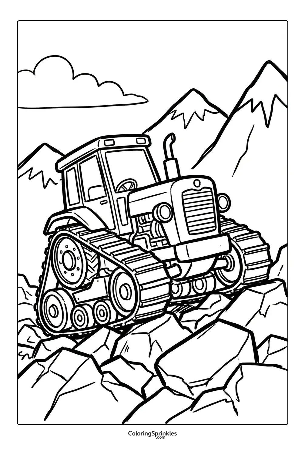 Coloring page of a tracked tractor climbing rocky terrain with mountains in the background