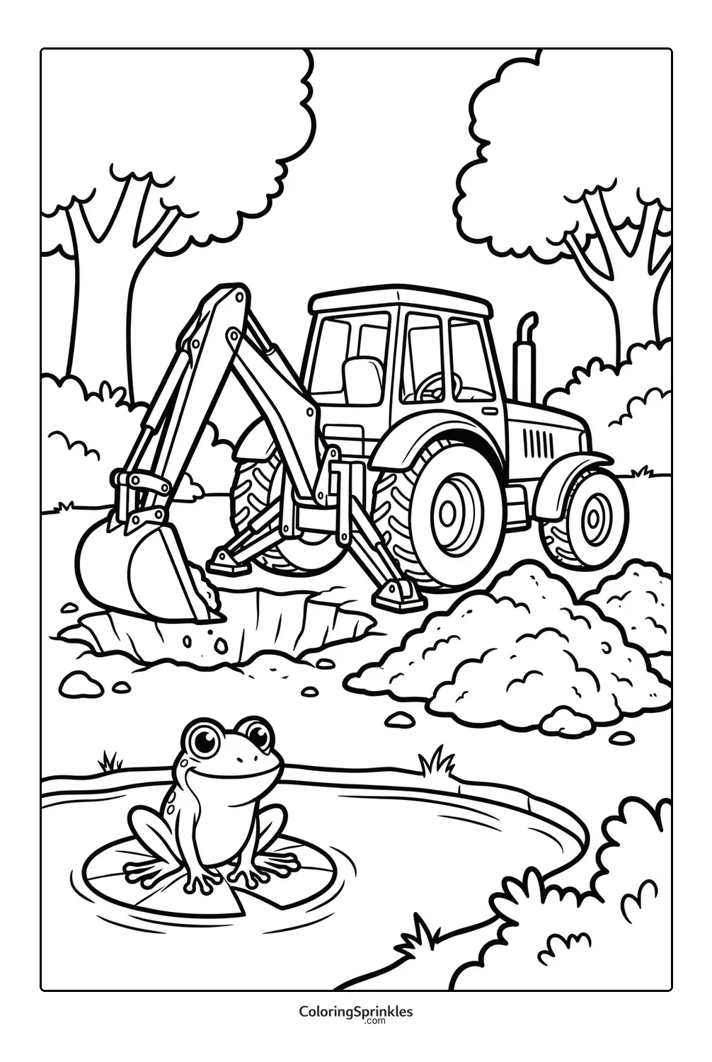 Coloring page of a tractor backhoe digging near a pond with a frog
