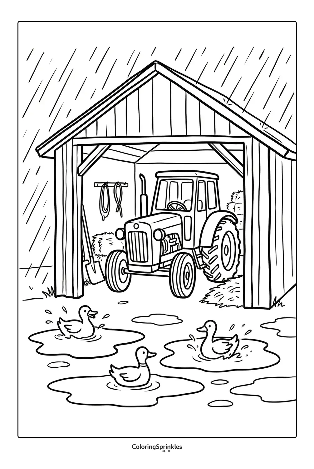 Coloring page of a tractor in a barn on a rainy day with ducks in puddles