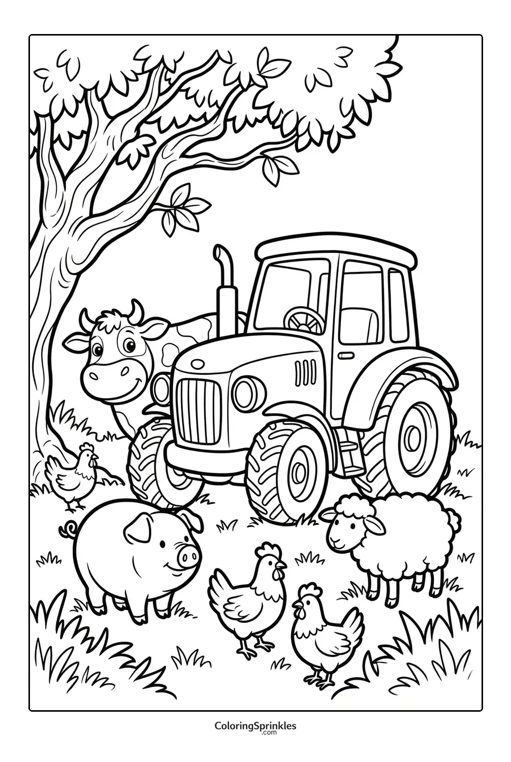 Coloring page of a tractor with farm animals under a tree
