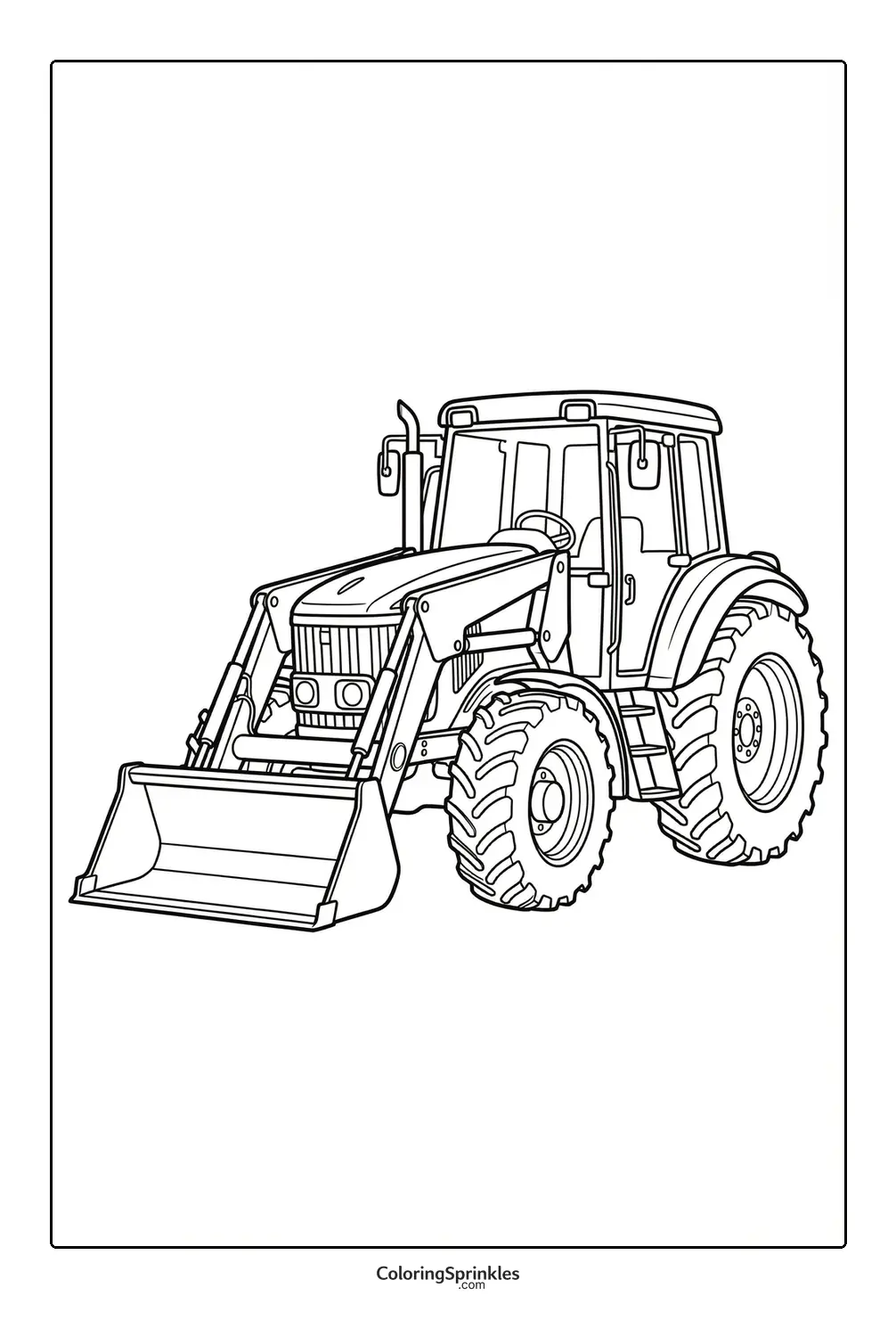 Coloring page of a tractor with a front loader attachment