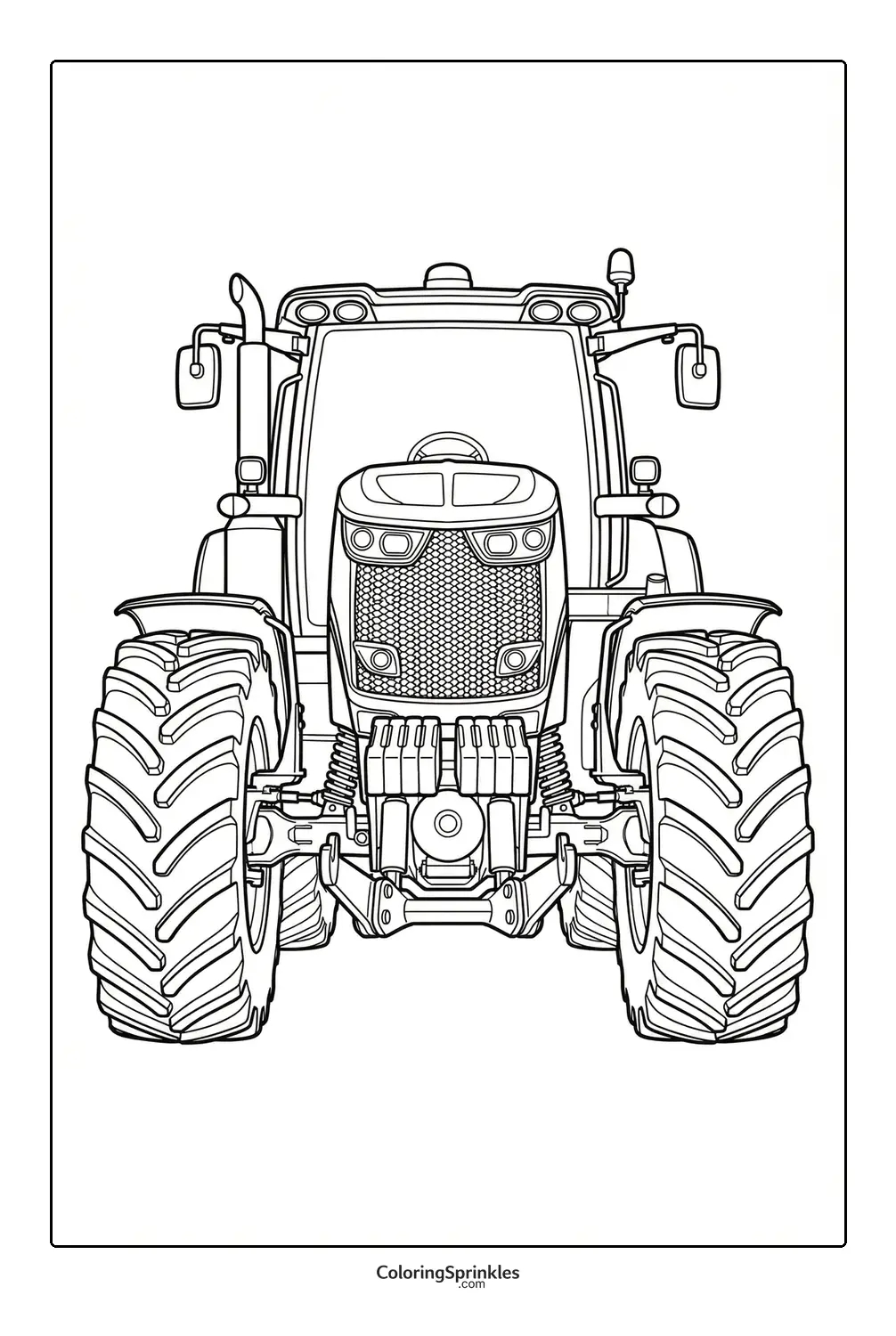 Coloring page of a tractor front view with large wheels