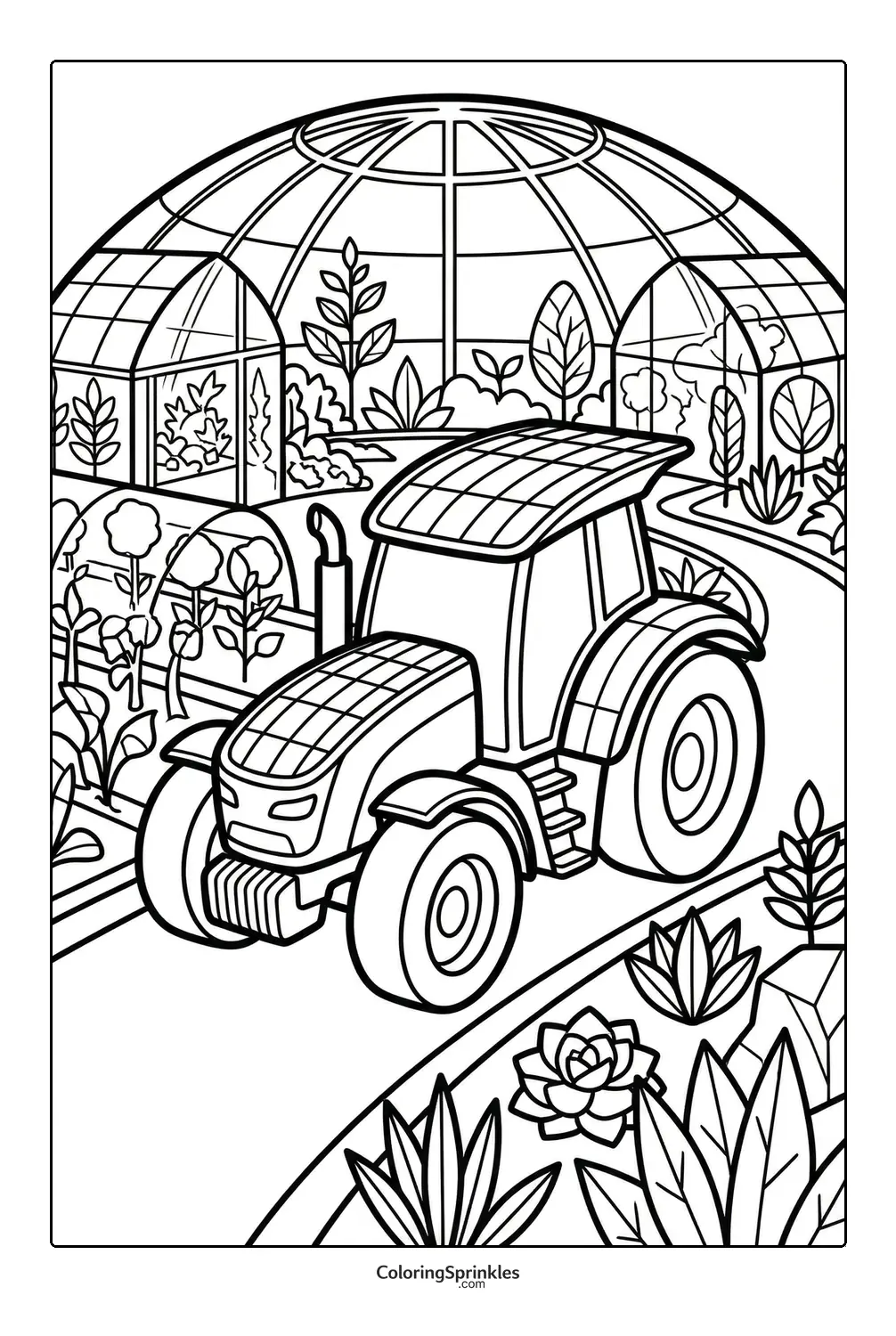 Coloring page of a tractor inside a greenhouse garden with plants