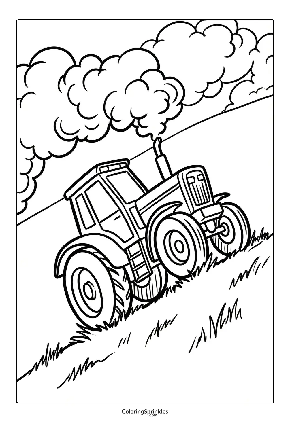 Coloring page of a tractor climbing a grassy hill with smoke and clouds
