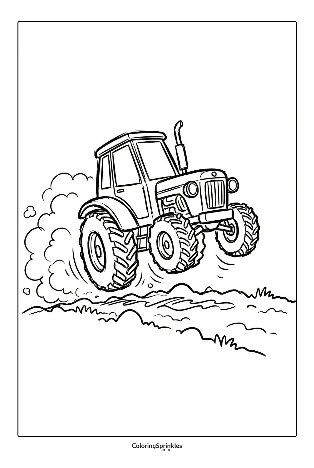 Coloring page of a tractor jumping over dirt with clouds of dust
