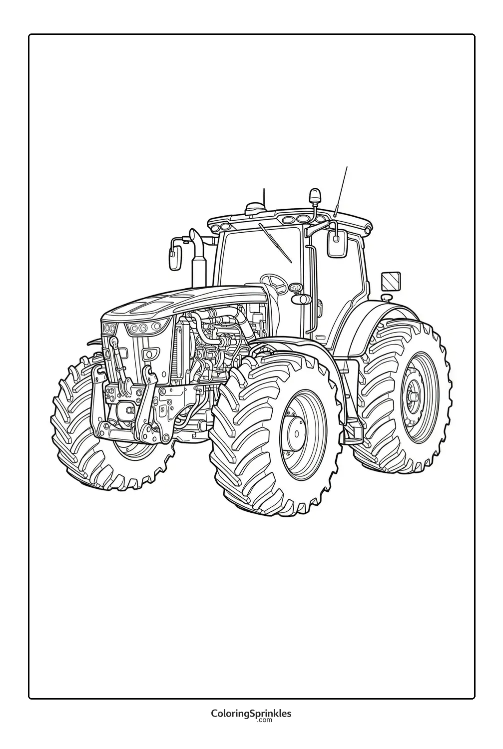 Coloring page of a tractor with large tires and detailed engine