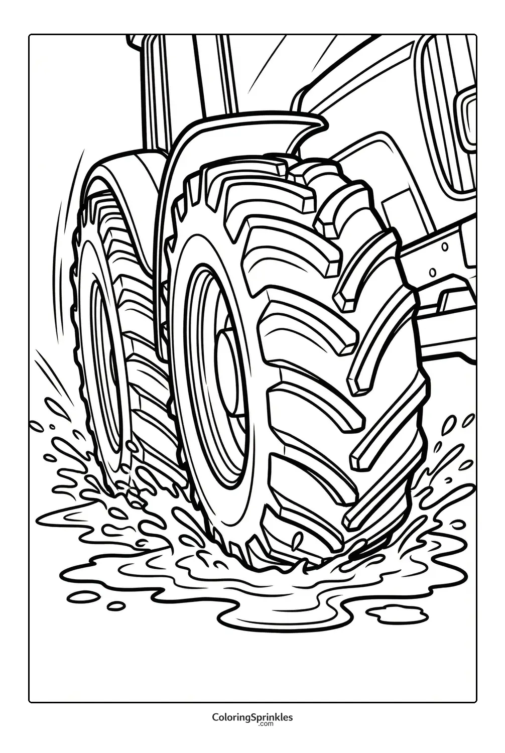 Coloring page of a tractor with large tires splashing through mud
