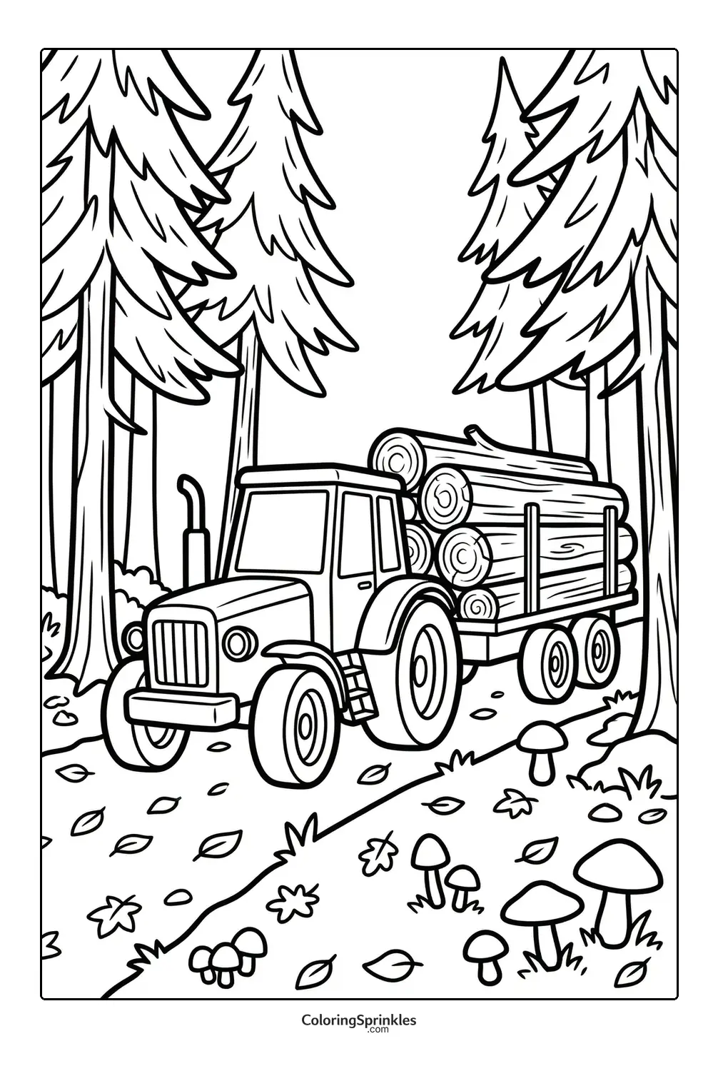 Coloring page of a tractor hauling logs through a forest with mushrooms