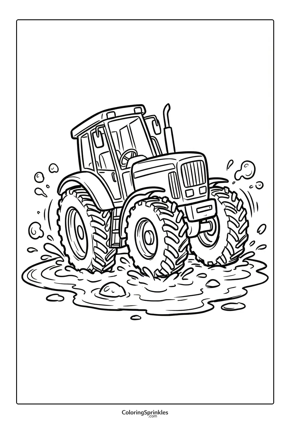 Coloring page of a tractor splashing through a muddy puddle