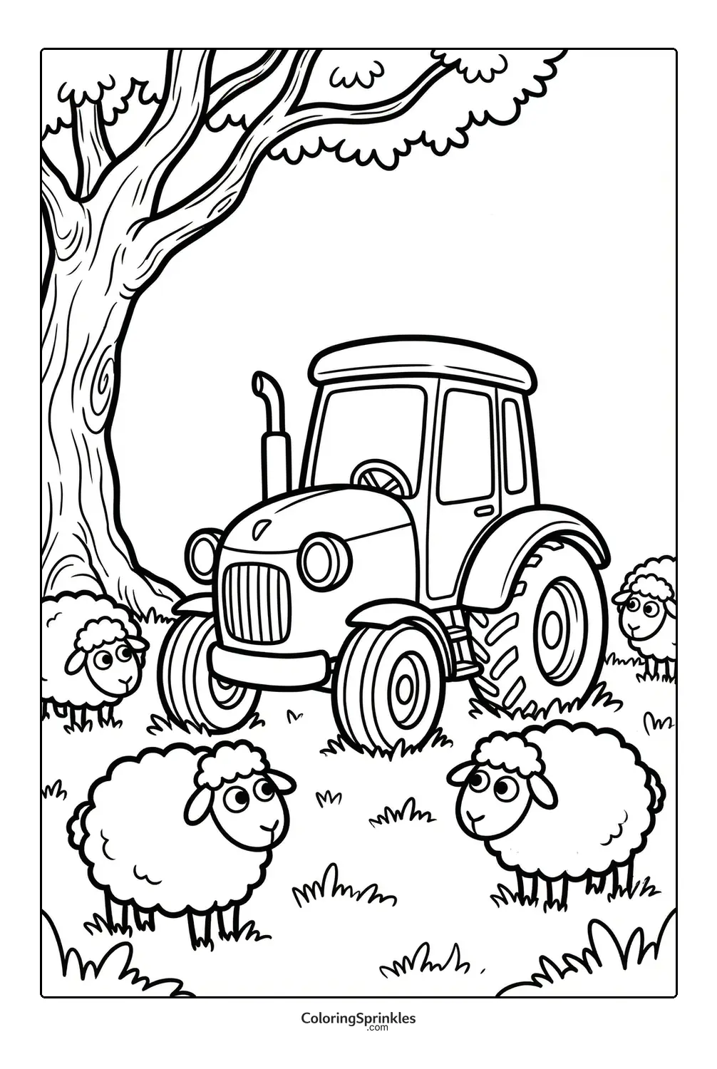 Coloring page of a tractor surrounded by sheep under a tree in a farm field