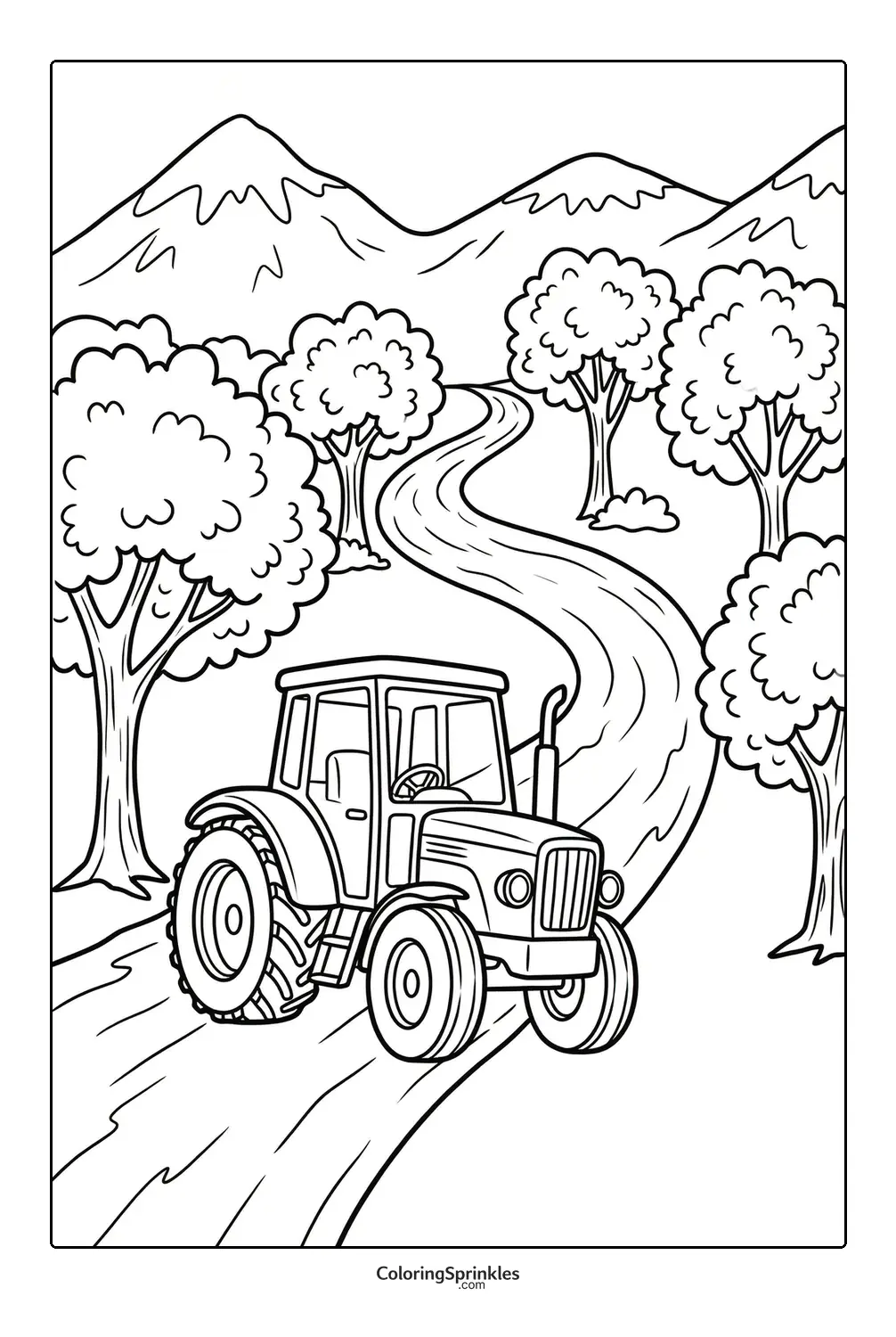Coloring page of a tractor on a winding road with trees and mountains
