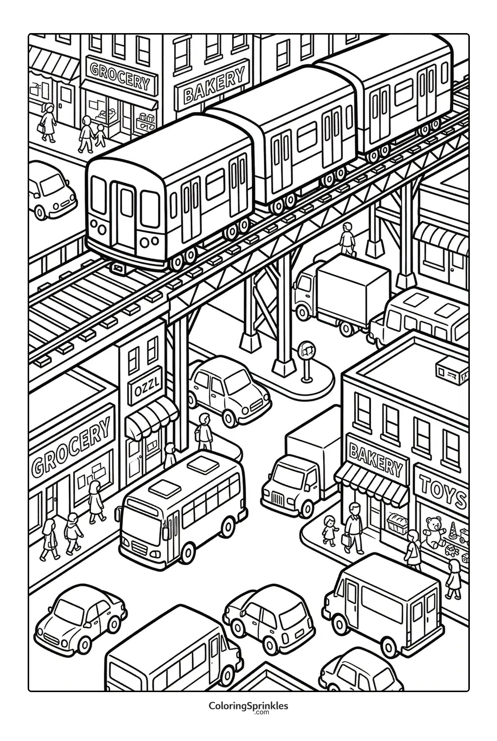 Coloring page of city traffic with an elevated train and shops
