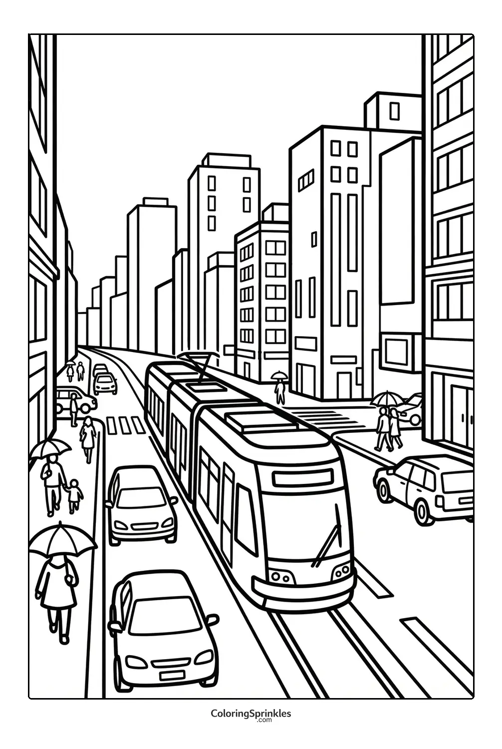 Coloring page of a city tram moving along tracks with cars and people holding umbrellas