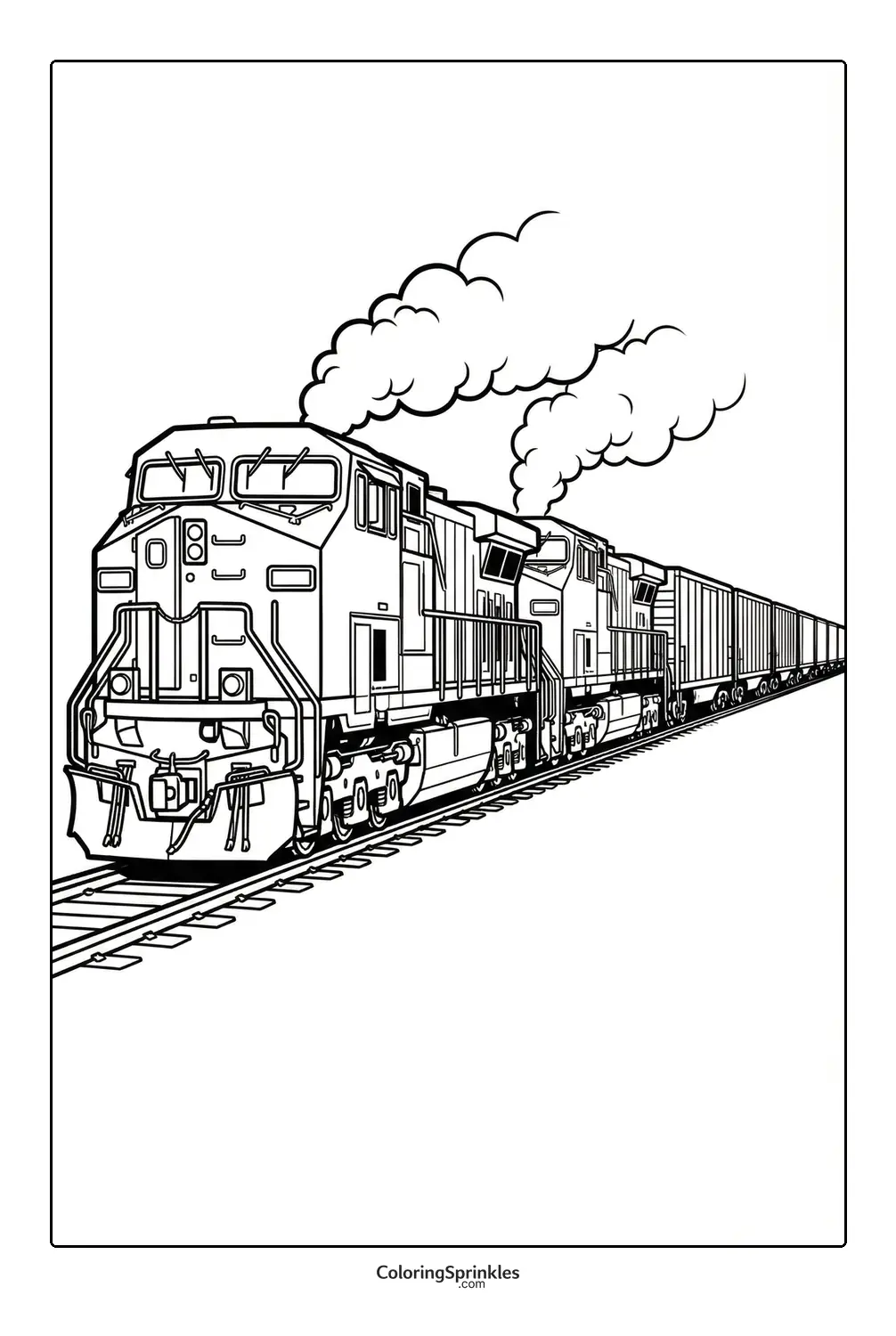 Coloring page of a freight train with two locomotives and smoke on railroad tracks
