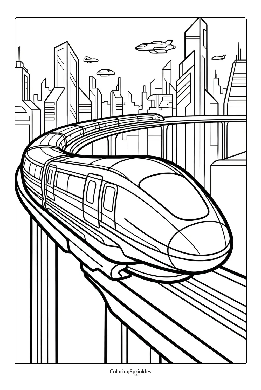 Coloring page of a futuristic train on an elevated track in a cityscape