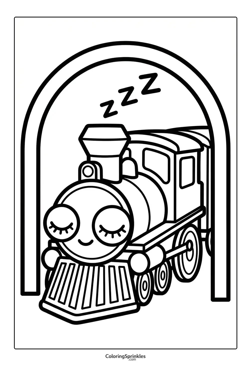 Coloring page of a sleeping train inside a tunnel