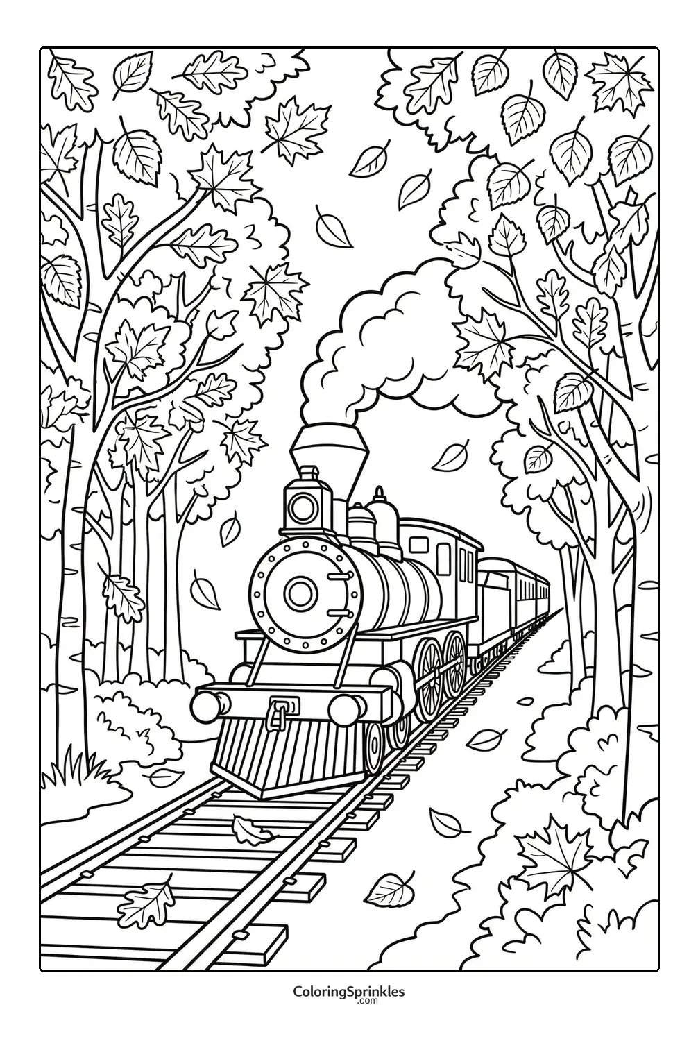 Coloring page of a steam train traveling through a forest with falling leaves