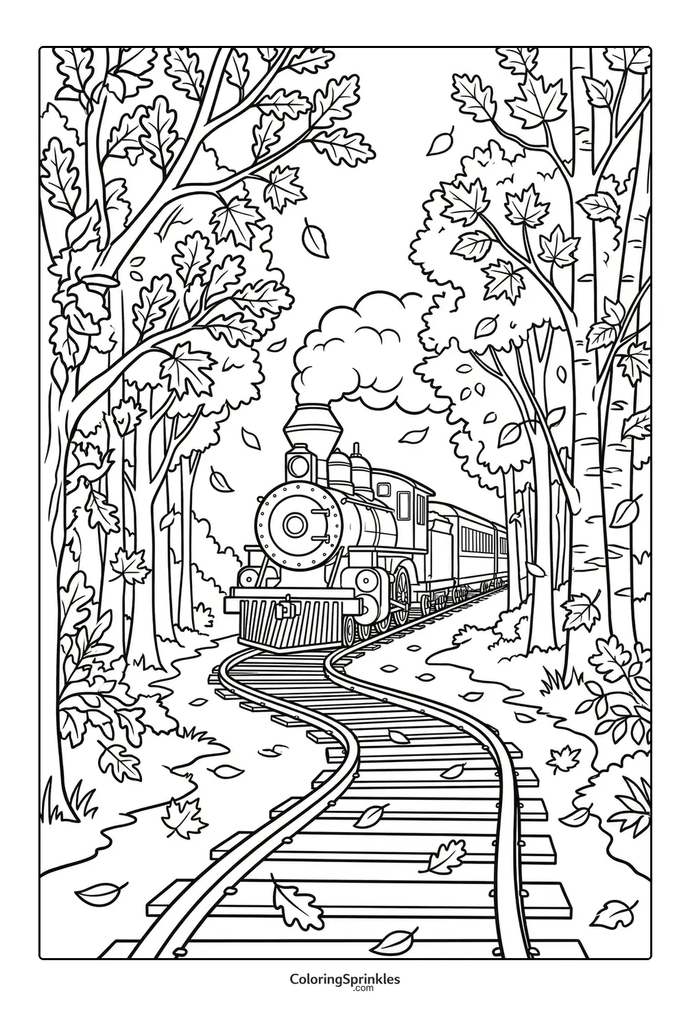 Coloring page of a steam train traveling through a forest with falling leaves
