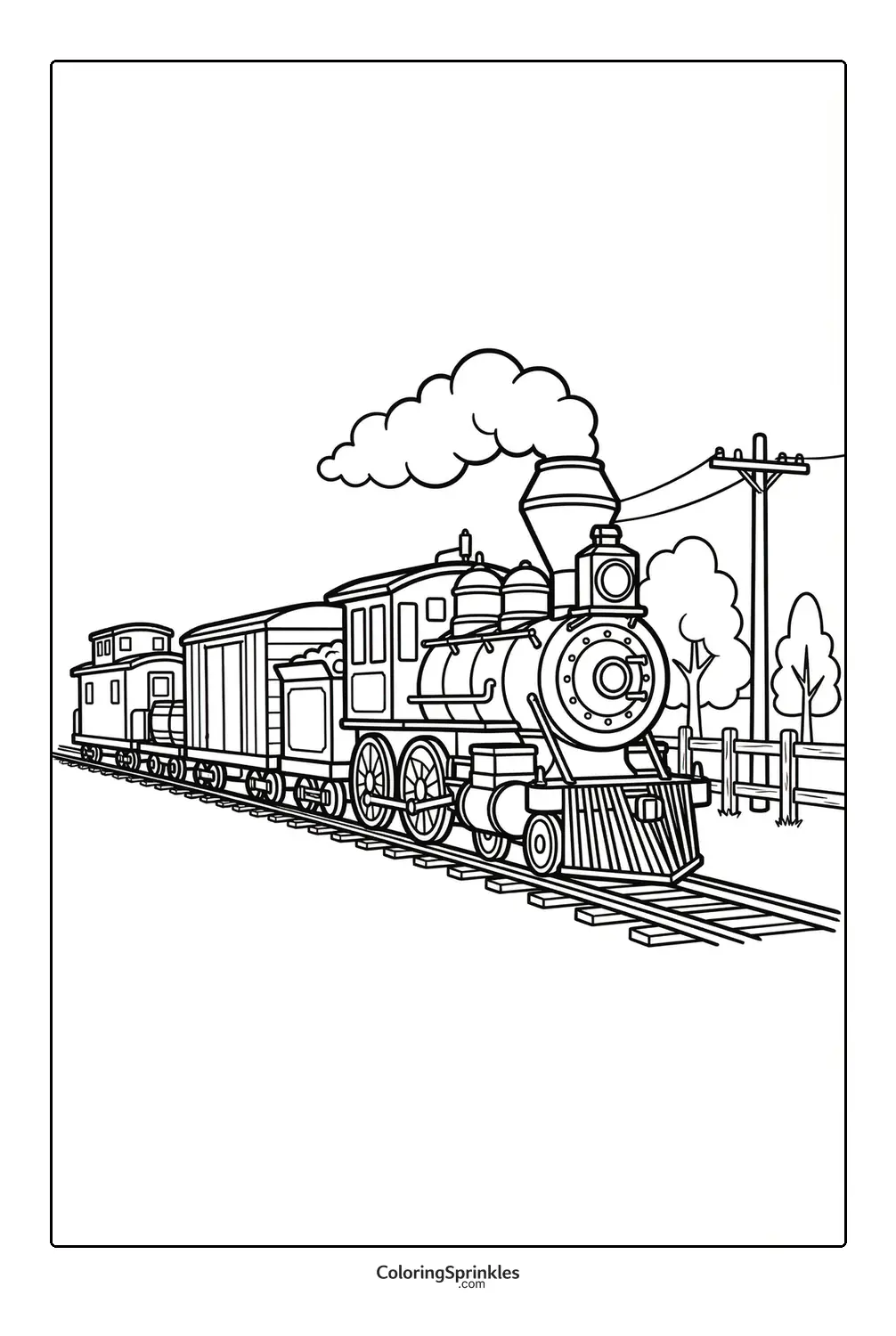 Coloring page of a steam train on railroad tracks with trees and a telephone pole