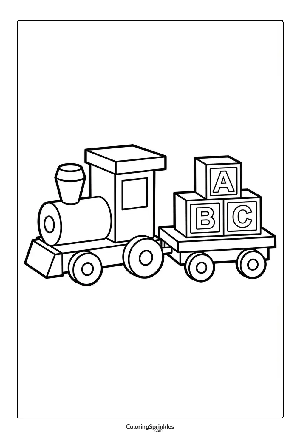 Coloring page of a toy train carrying ABC blocks