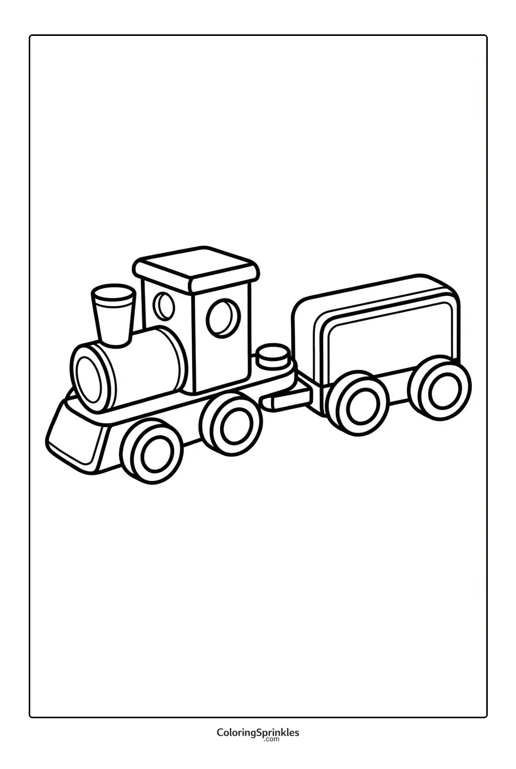Coloring page of a toy train engine with a car