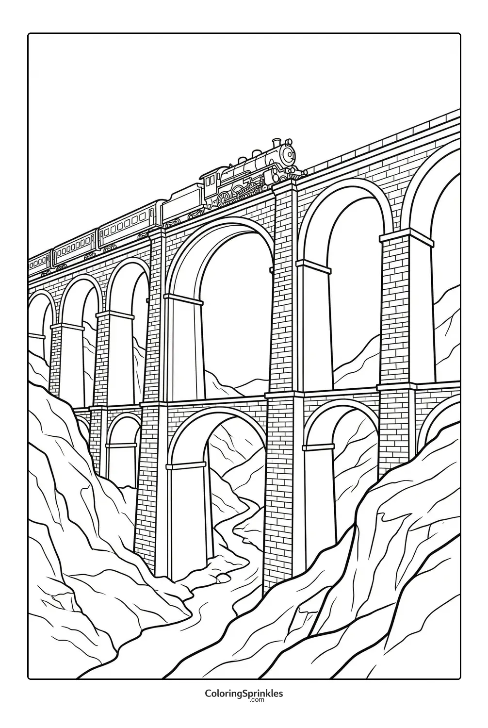Coloring page of a train crossing a high arched bridge over a river in the mountains