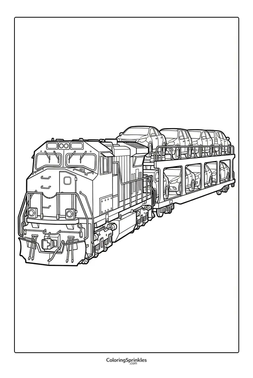 Coloring page of a train carrying cars on a car carrier