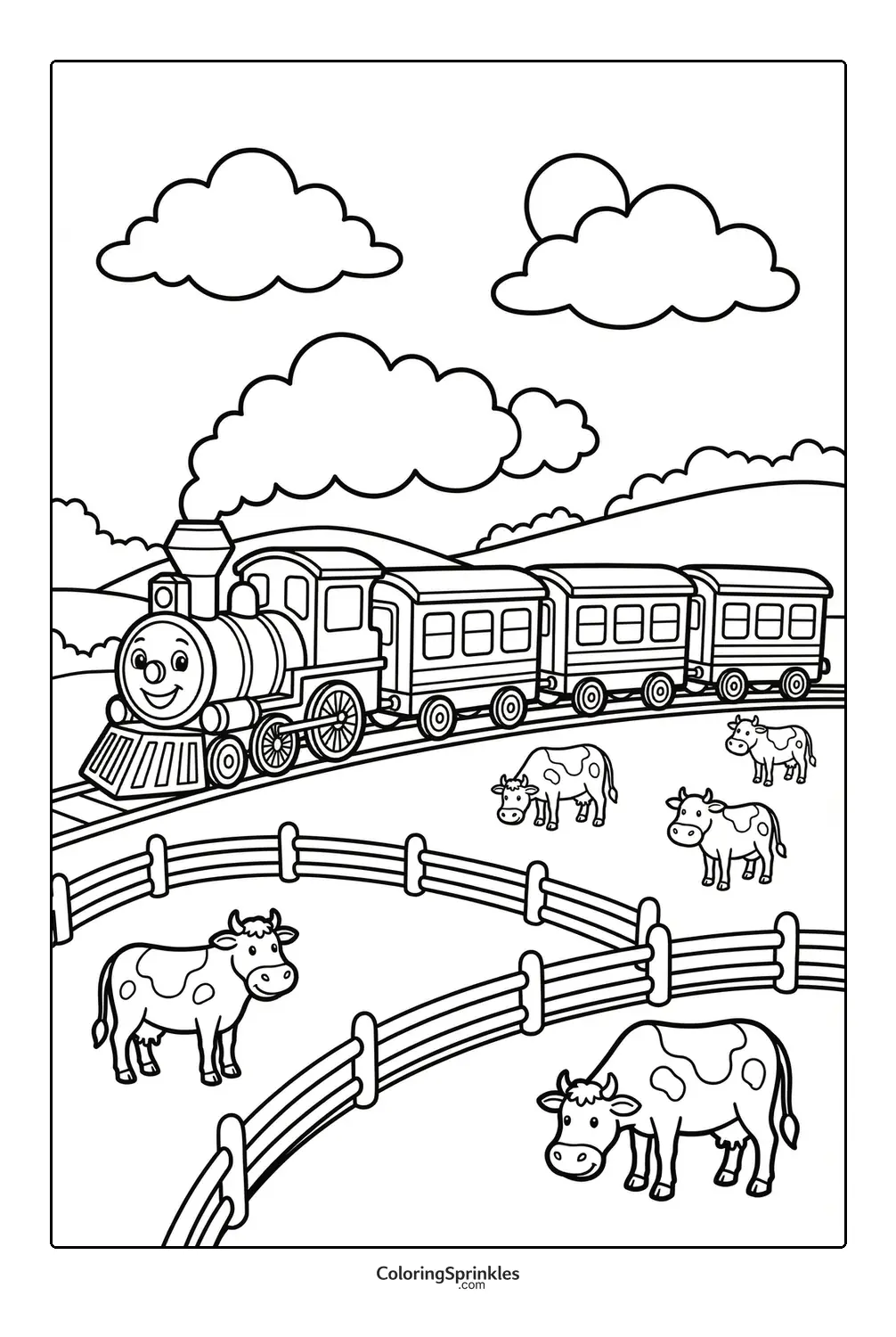 Coloring page of a train passing cows on a farm with hills