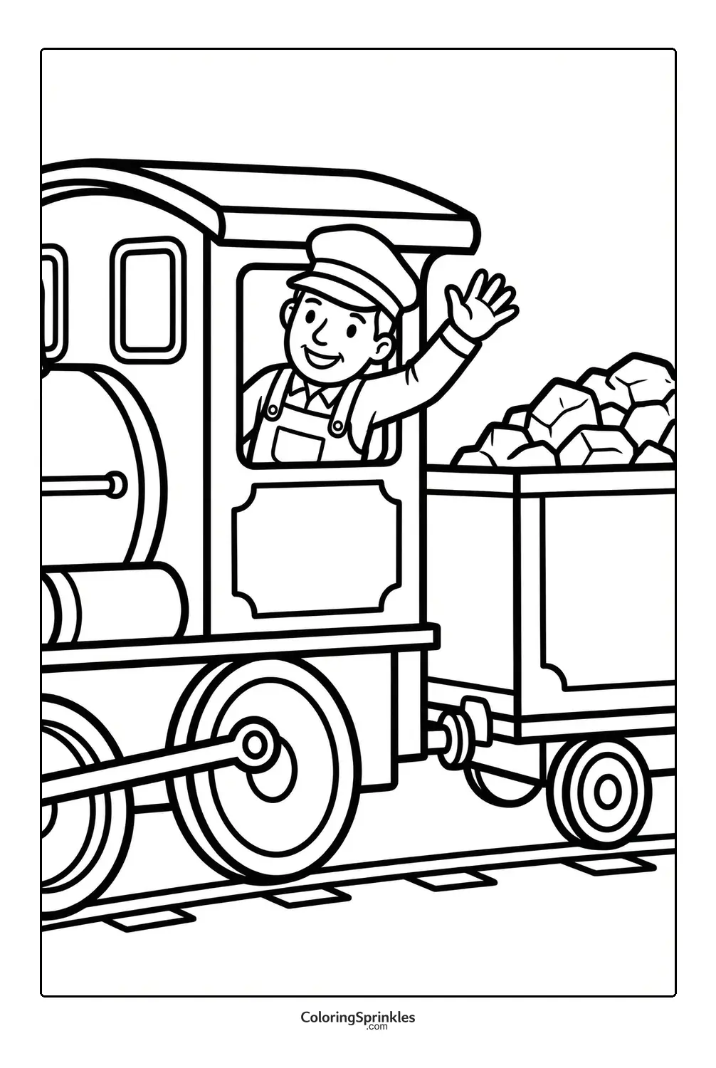 Coloring page of a train engine with a driver waving and a coal car