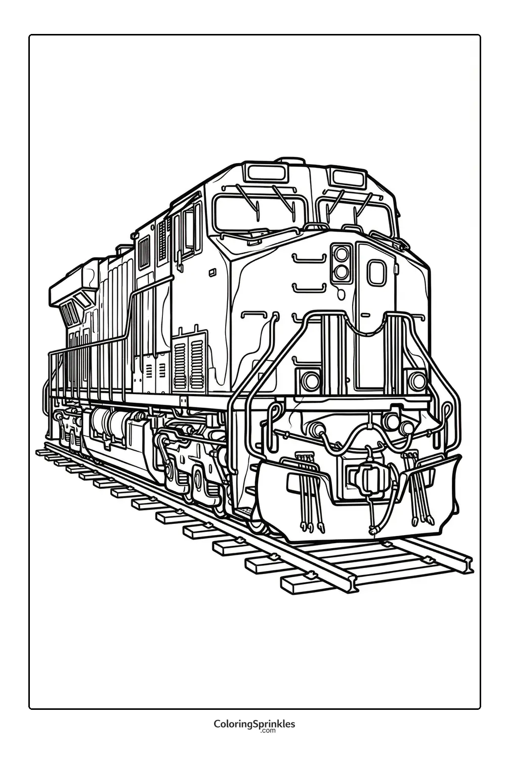 Coloring page of a train locomotive on railroad tracks