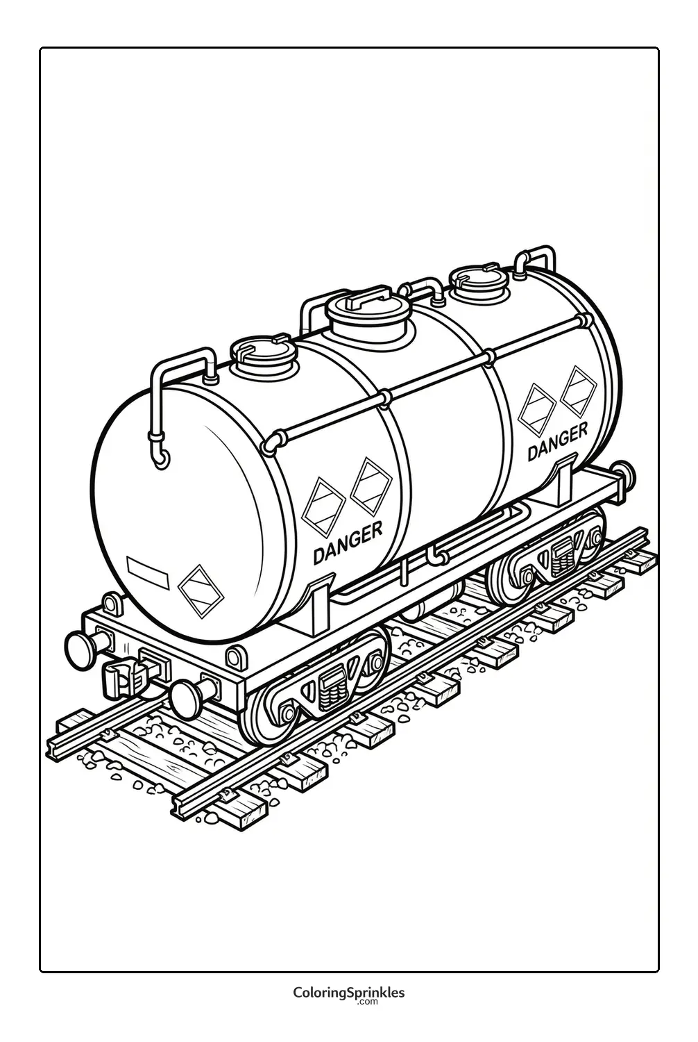 Coloring page of a train tanker labeled danger on railroad tracks