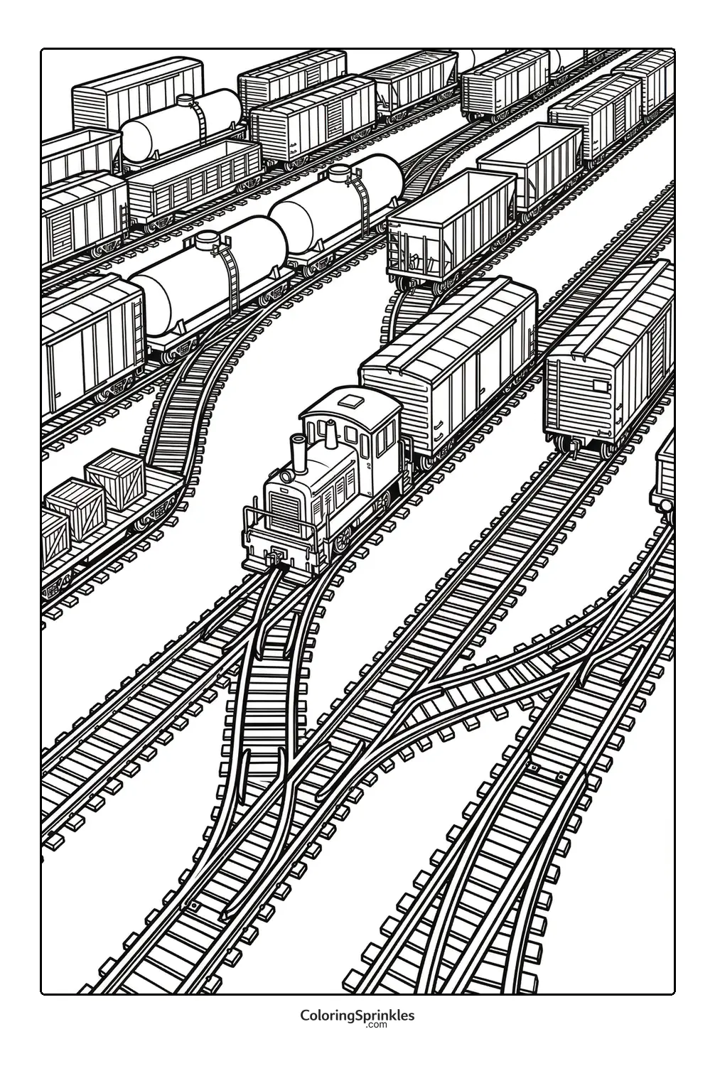 Coloring page of a train yard with a locomotive switching tracks and freight cars