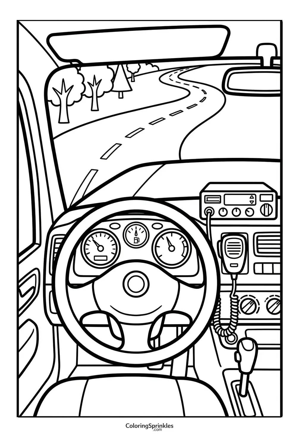 Coloring page of a car interior with steering wheel and a winding road with trees outside