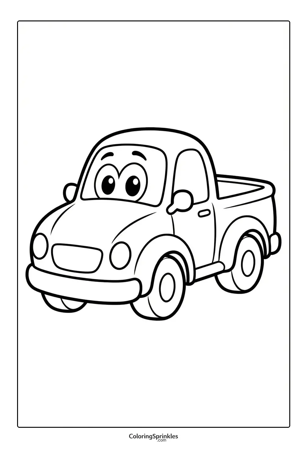 Coloring page of a cartoon pickup truck with big eyes
