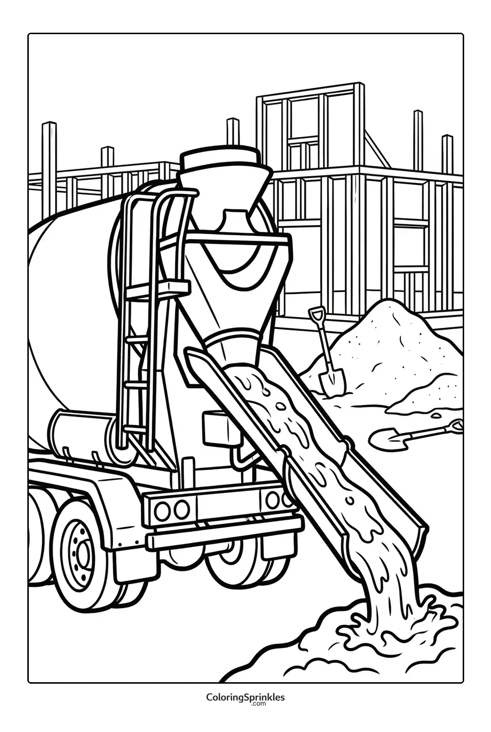 Coloring page of a cement truck pouring concrete at a construction site