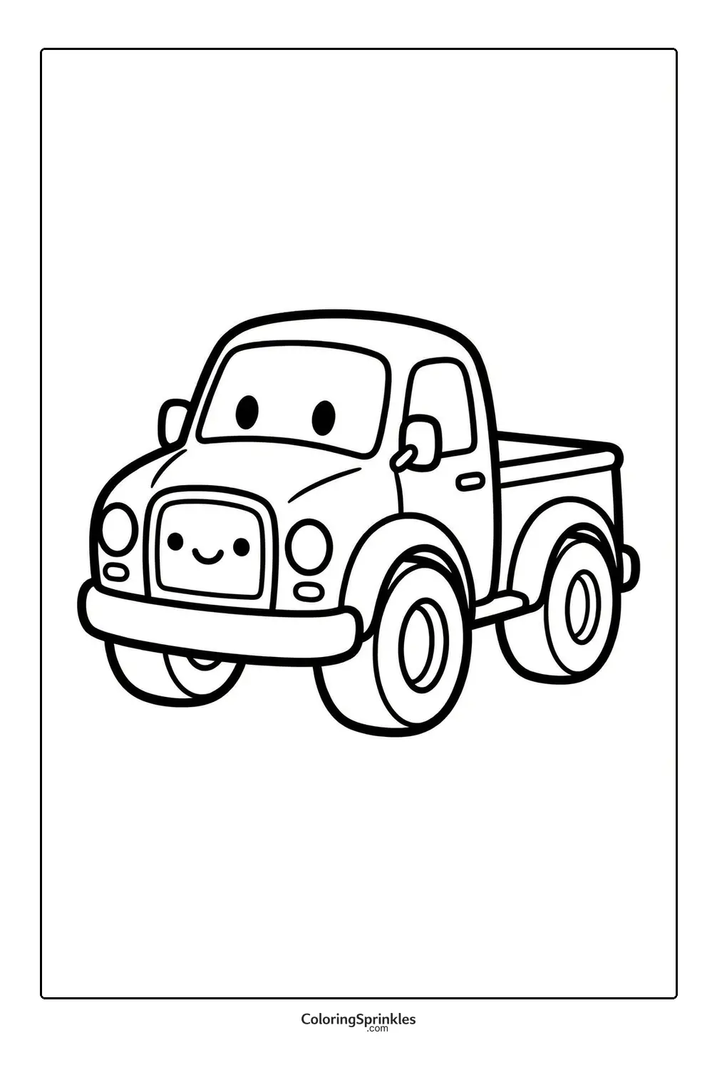 Coloring page of a cute pickup truck with a smiling face