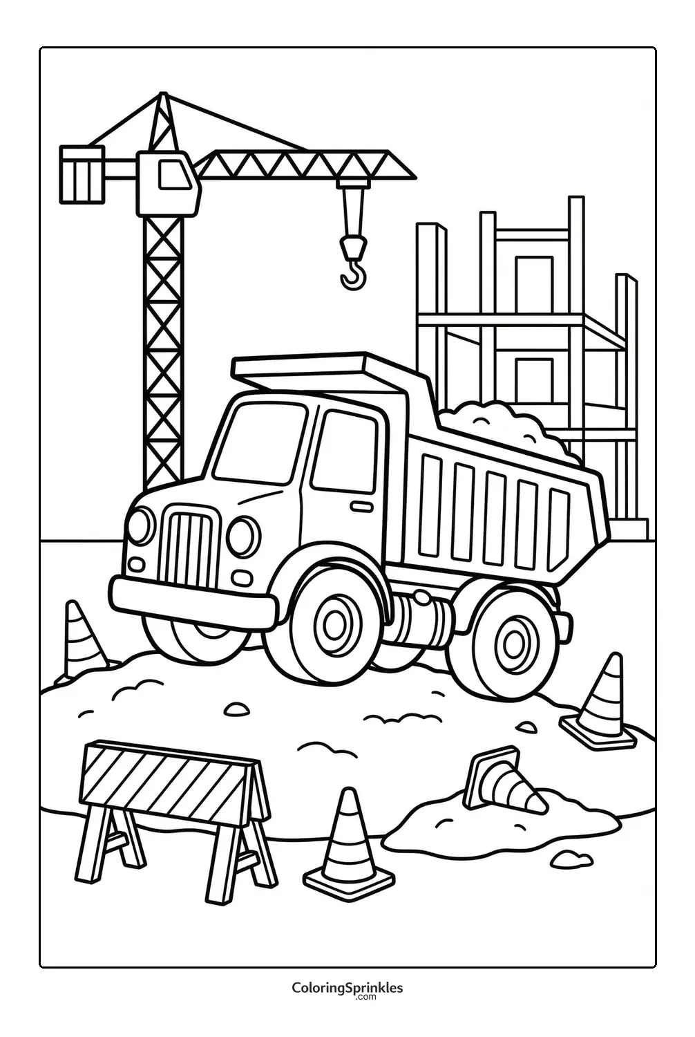 Coloring page of a dump truck at a construction site with a crane