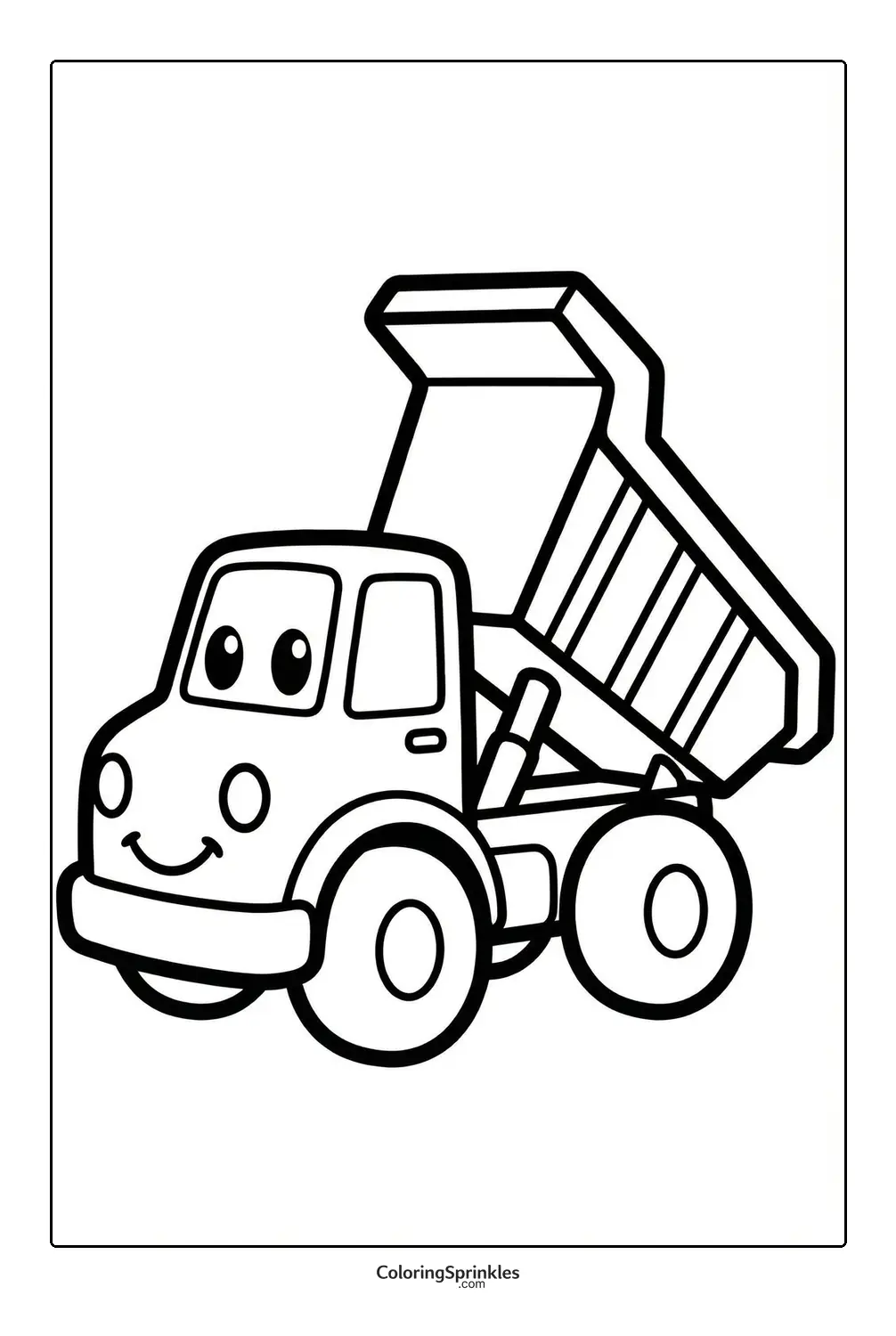 Coloring page of a smiling cartoon dump truck