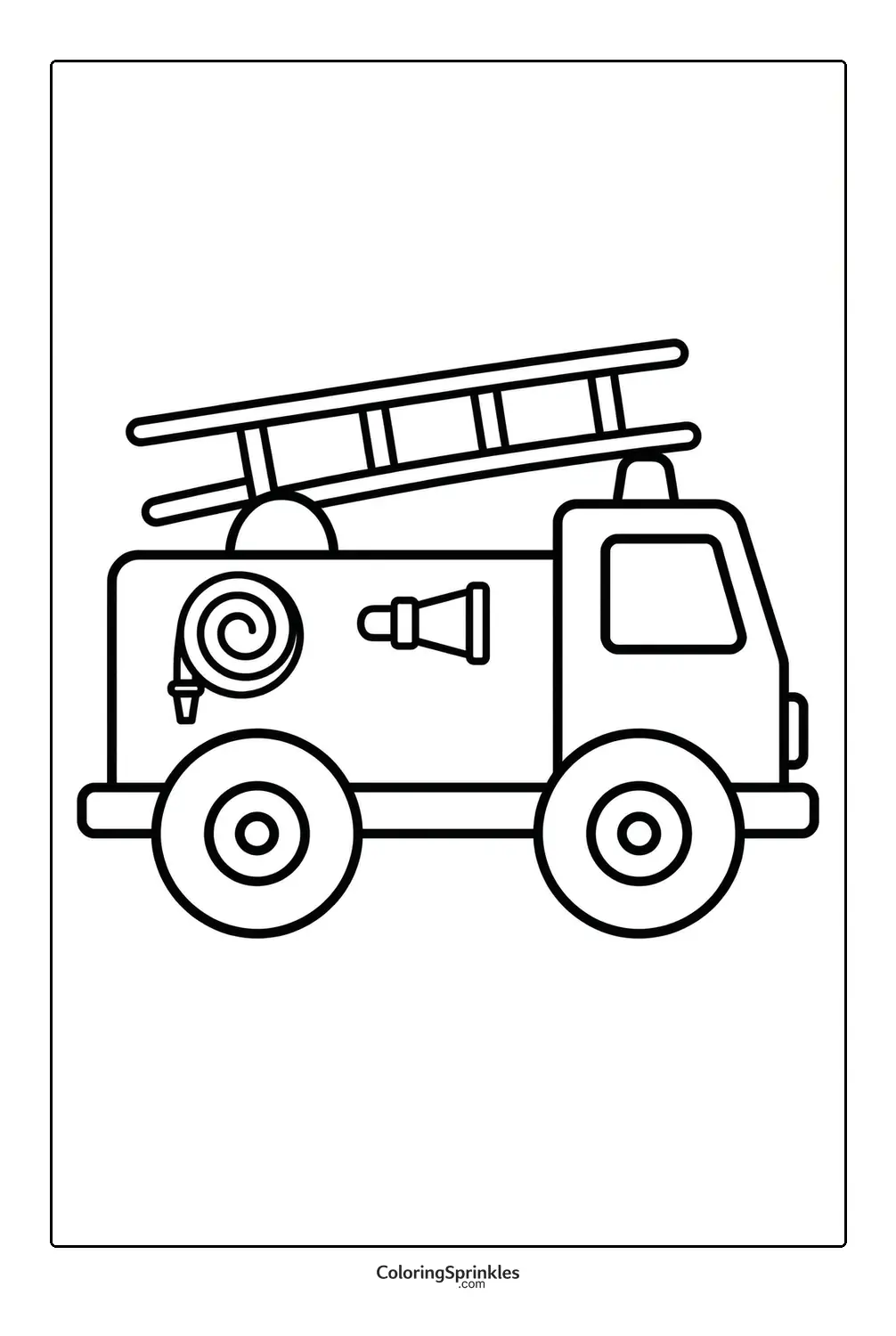 Coloring page of a simple fire truck with ladder and hose