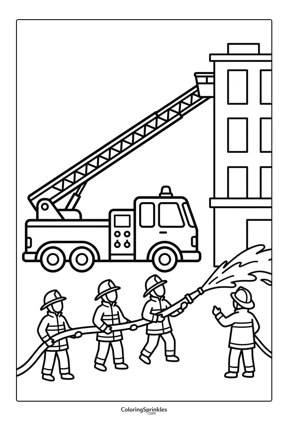 Coloring page of firefighters using a hose to spray water on a building with a fire truck