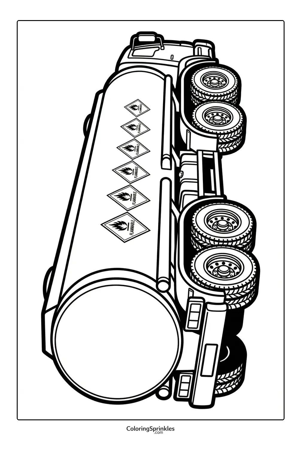 Coloring page of a fuel tanker truck with flammable signs