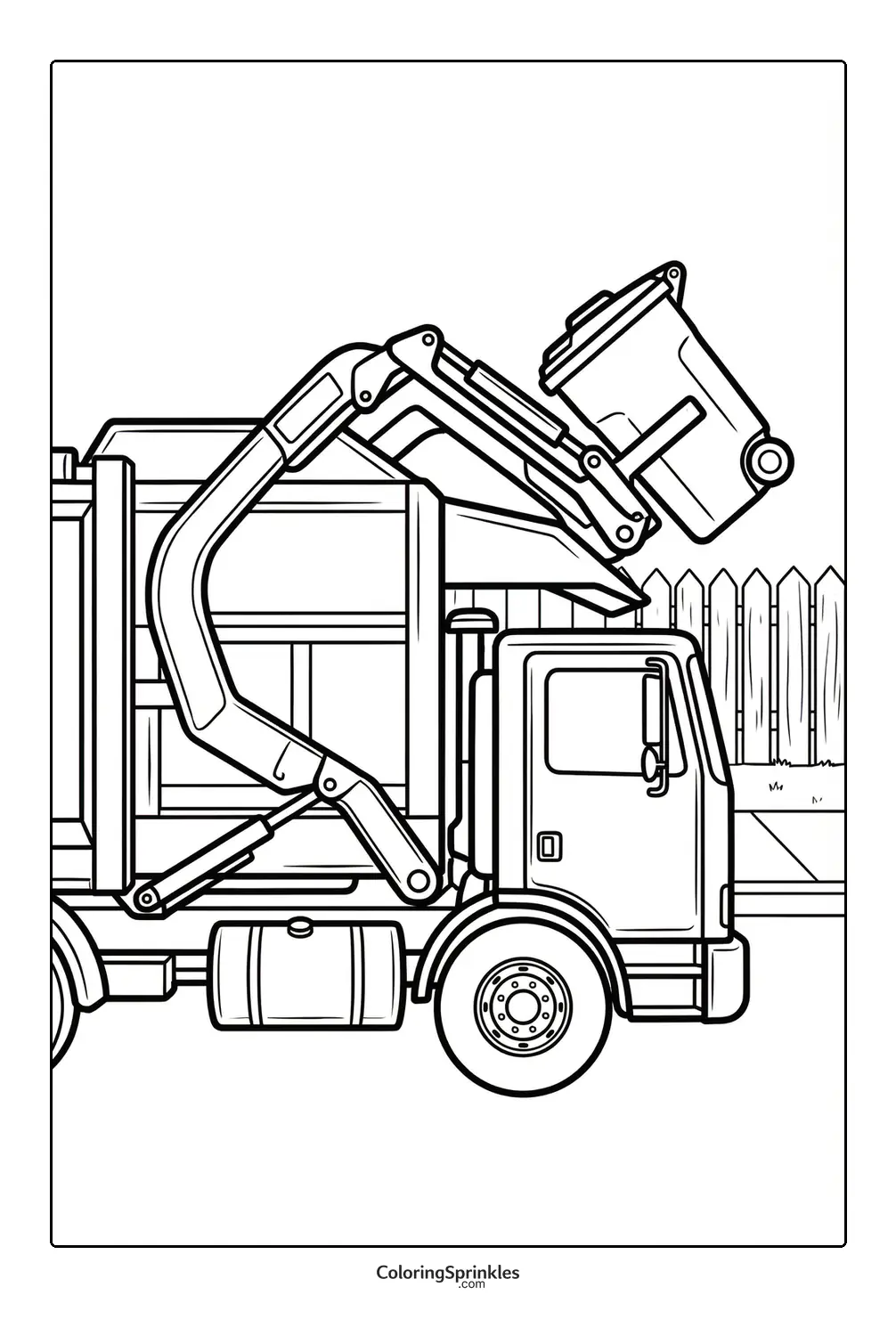 Coloring page of a garbage truck with an automated arm lifting a trash bin