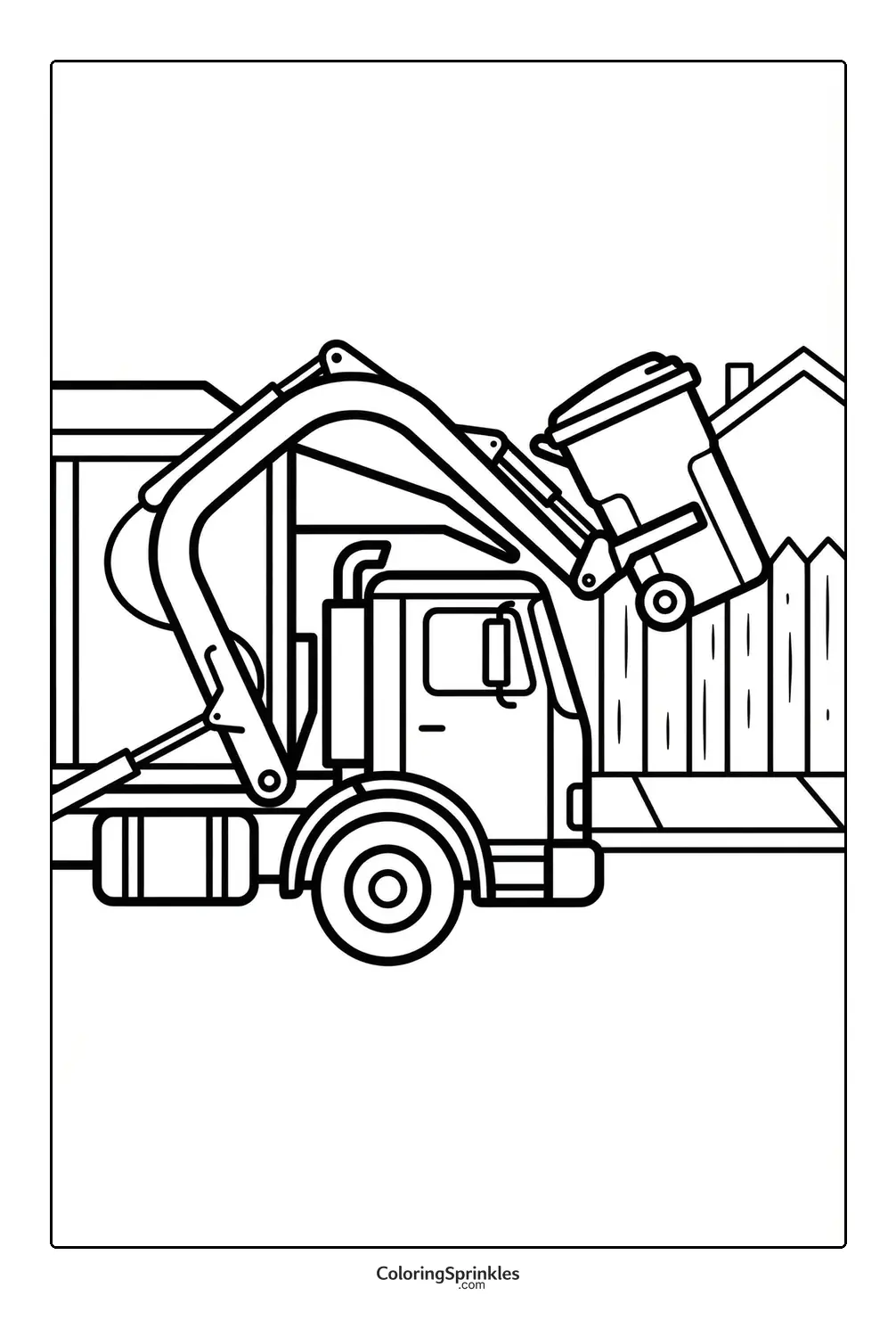 Coloring page of a garbage truck collecting trash in a residential area
