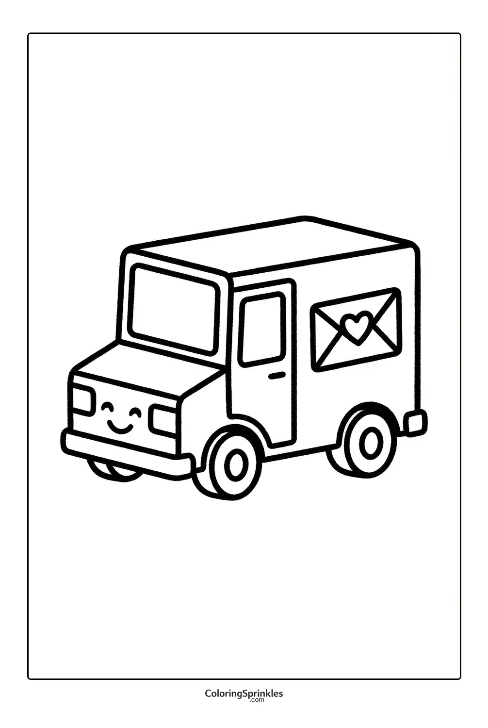 Coloring page of a smiling mail truck with an envelope and heart symbol