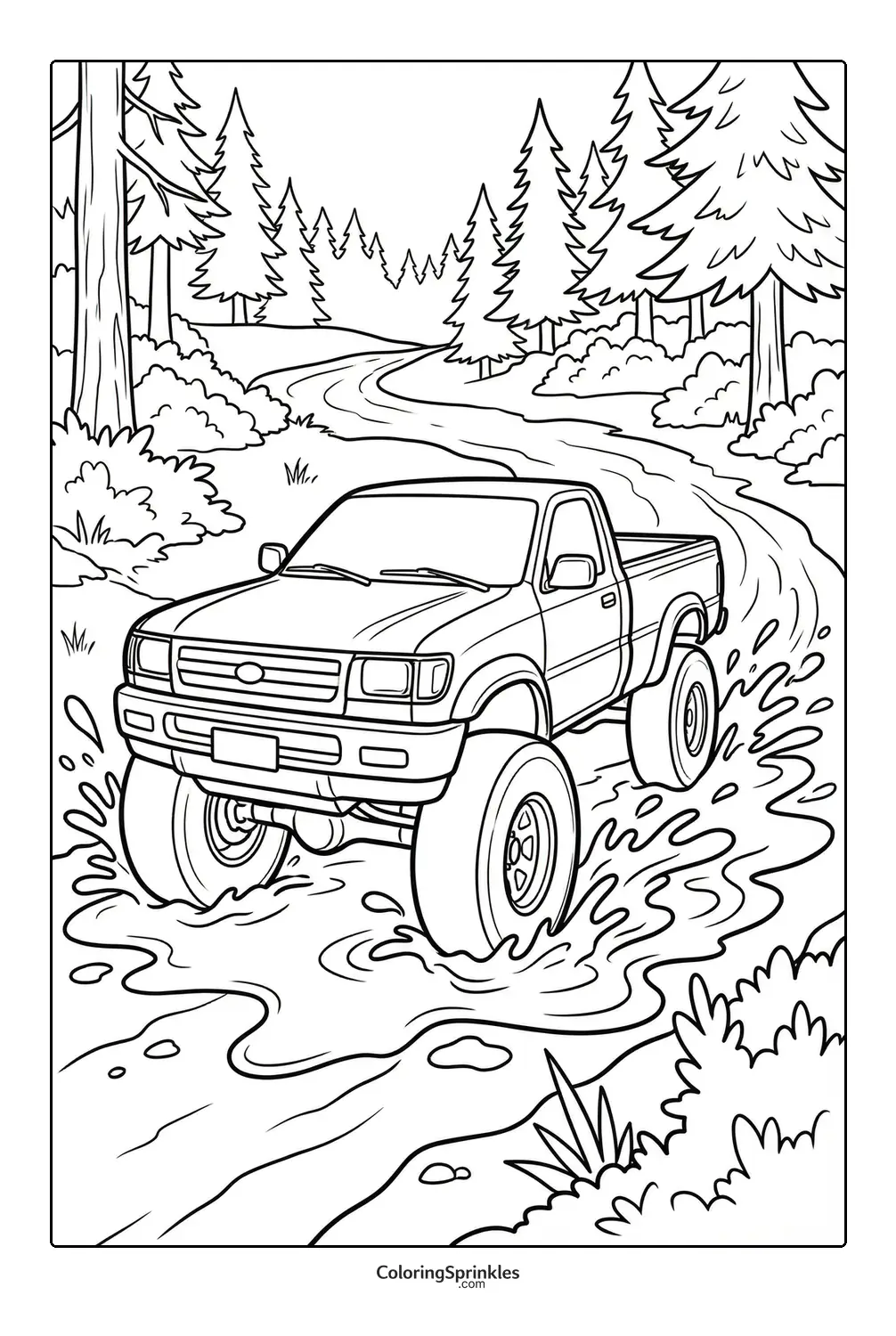 Coloring page of an offroad truck driving through mud on a forest path