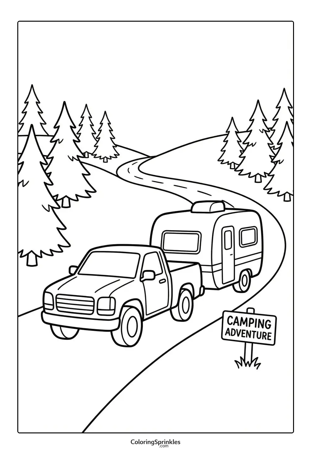 Coloring page of a pickup truck towing a camping trailer on a forest road