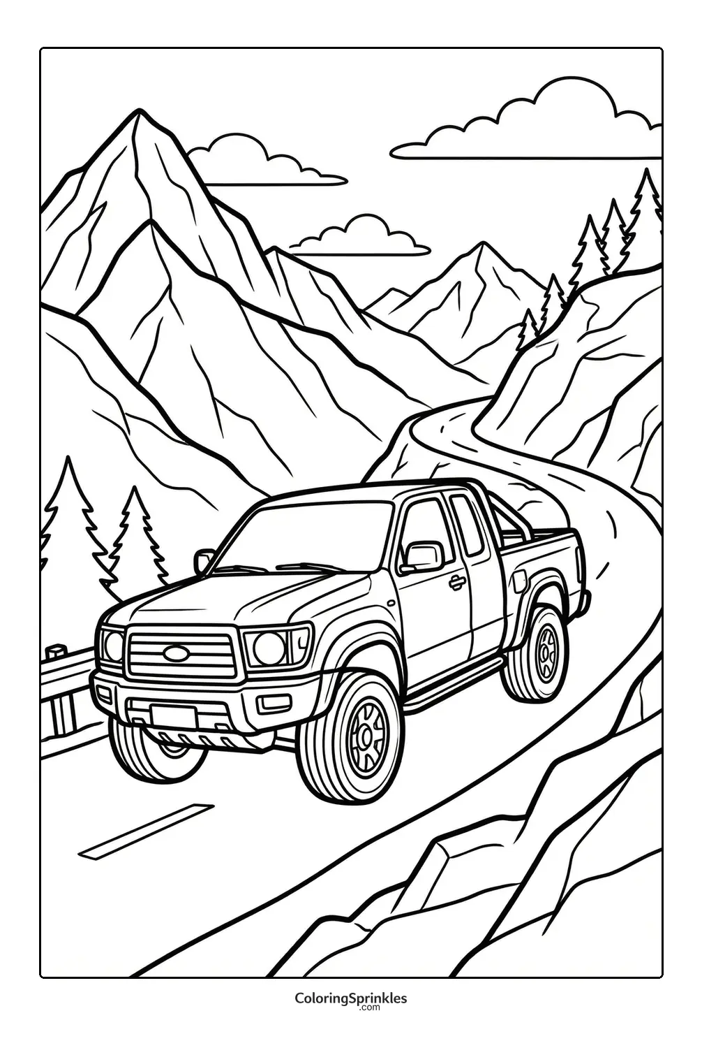 Coloring page of a pickup truck driving on a mountain road with trees